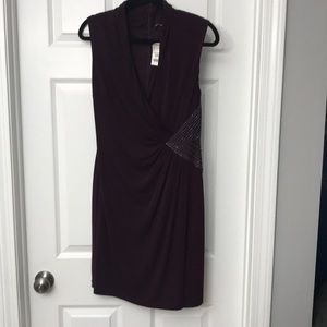 Merlot faux wrap dress with bead accent at waist